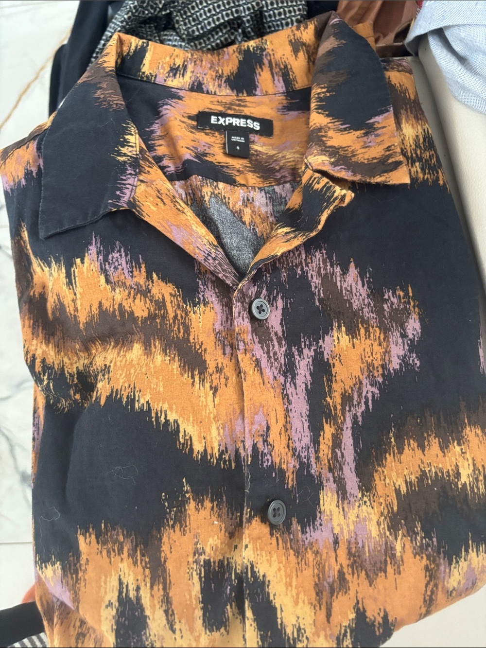Express Men’s Black, Orange & Purple Abstract Button-Up Shirt